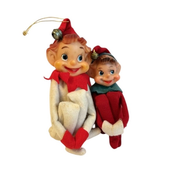 Vintage Knee Hugger Pixie Elf Figurines Red White Christmas Ornaments Retro - Picture 1 of 9
